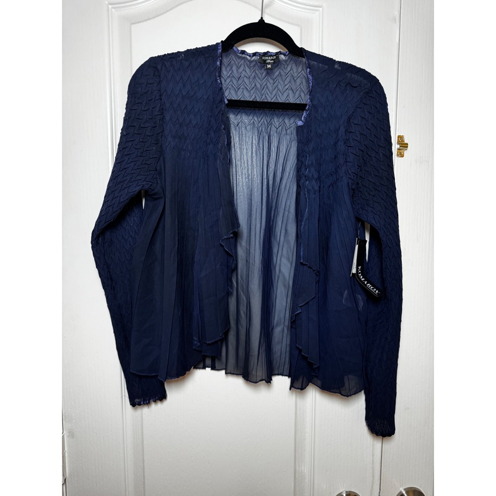Komarov Midnight Navy Pleated Chiffon Open Front Cardigan Jacket CAD22441AMNA M - Picture 2 of 6